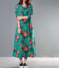 Caftan Style Maxi Dress – Floral / Green / Long Sleeves